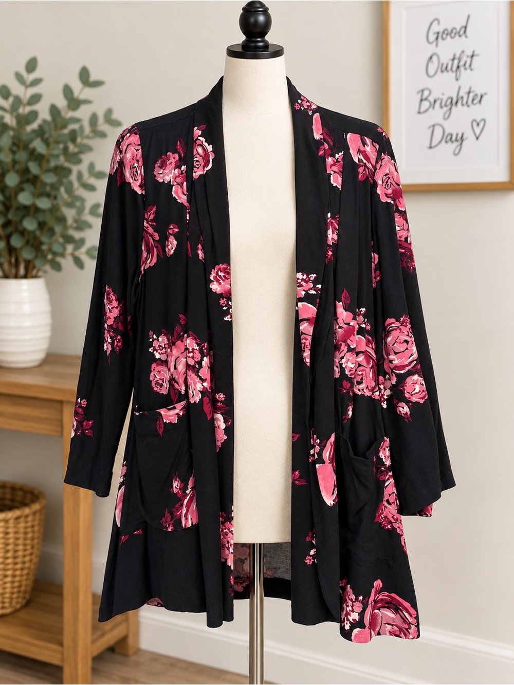 Xhilaration Black Cardigan with Pink Floral Print